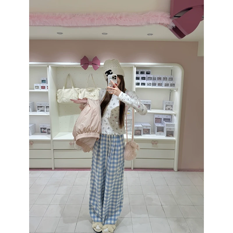 白水女 蓝色格子休闲百搭裤女多巴胺宽松垂感直筒裤 B41247496