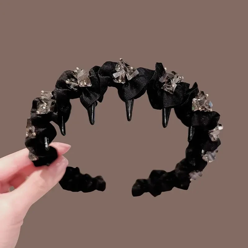 韩国东大门精致感黑色水钻发箍女高颅顶通勤外出带齿防滑束发头箍