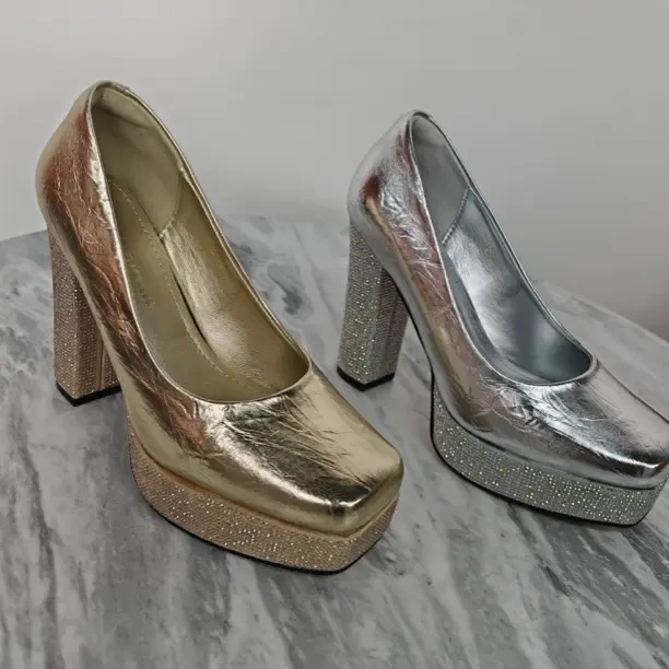 5100-方头法式防滑镶嵌防水方根高跟鞋春季常规通用一脚蹬欧美风