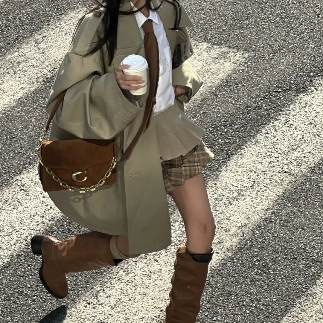 卡其色短款韩版气质系带收腰立领小个子高级感风衣外套