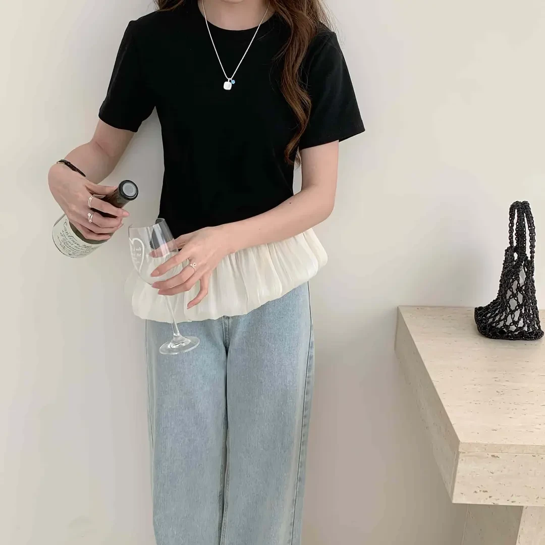气质修身显瘦收腰打底衫上衣不规则荷叶边减龄短袖T恤女夏季新款