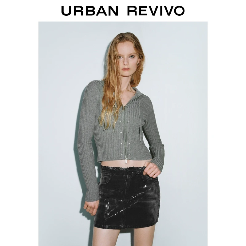 UR2025秋季新款女装格雷系连帽抽绳肌理感针织开衫UYV950005