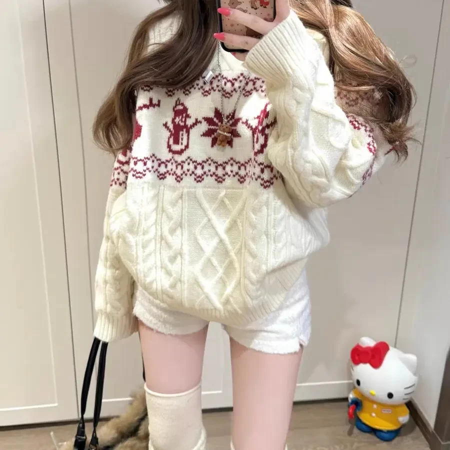 费尔岛圣诞提花圆领套头毛衣女秋冬慵懒宽松设计感针织衫运动上衣