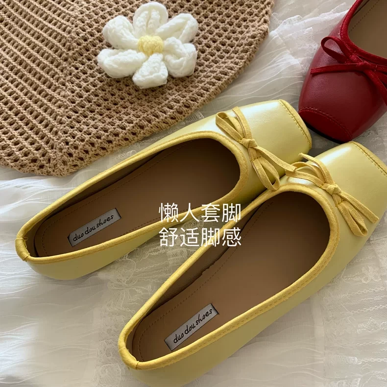 店主自留~INS皮质黄色玛丽珍鞋懒人套脚奶奶单鞋女蝴蝶结芭蕾舞鞋