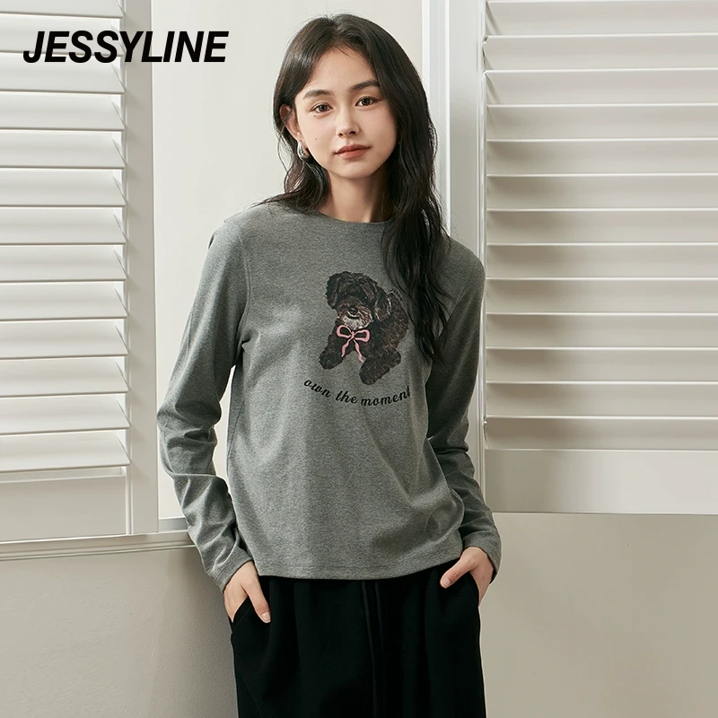 jessyline秋冬新款 杰茜莱小狗印花减龄百搭正肩T恤时尚打底上衣