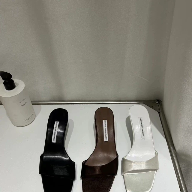 Lamode 白月光!绸缎一字带高跟凉拖鞋女夏季新款细跟穆勒鞋