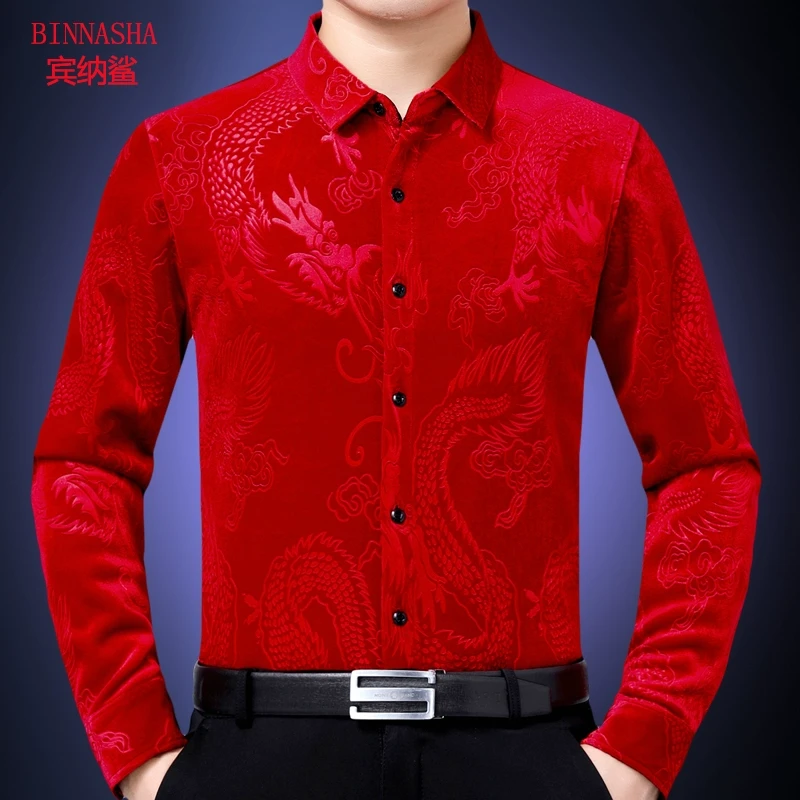 春秋男款男装金丝绒花衬衫男中年男士衬衣龙纹上衣红色弹力潮爸爸