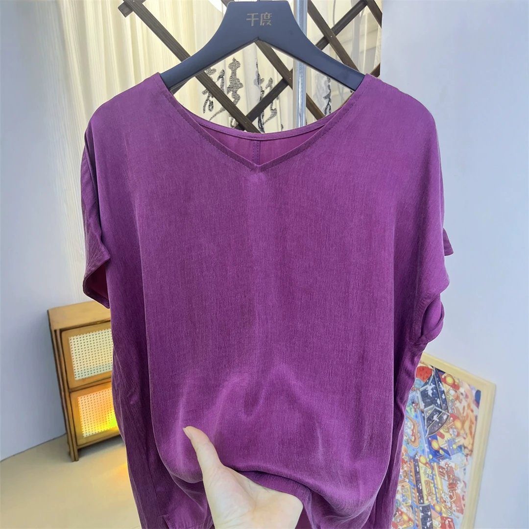 重磅真铜氨丝V领短袖2025宽松女夏季大码显瘦薄款上衣纯色百搭T恤