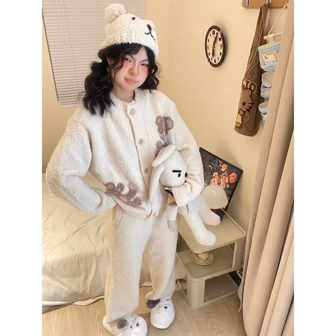 可爱卡通小熊针织毛衣半边绒睡衣女秋冬款加厚保暖家居可外穿套装