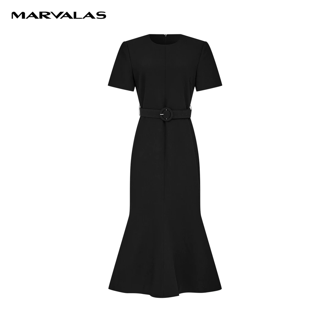 【曼德诗】收腰连衣裙春装新款短袖纯色气质鱼尾长裙M534108032