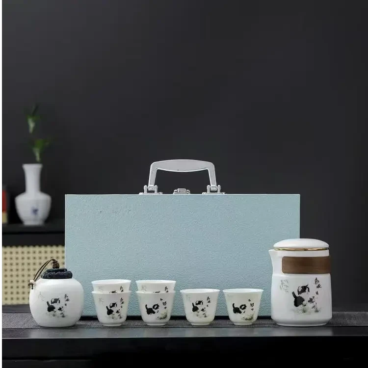 羊脂玉瓷猫咪手抓旅行茶具一壶六杯户外便捷式快客H374