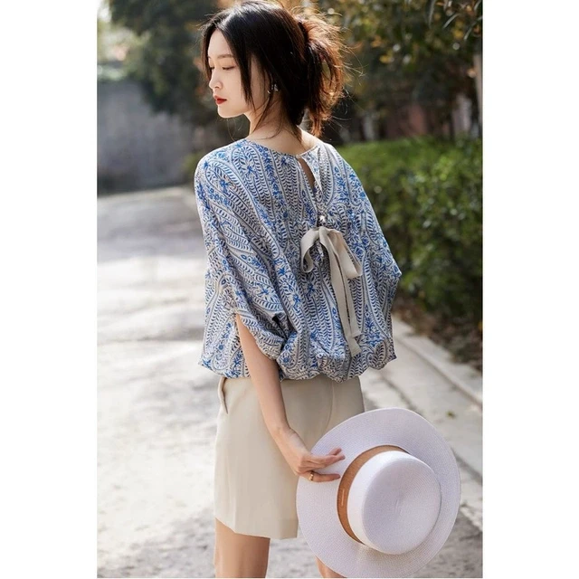 法式欧货印花圆领衬衫女2025夏季新款设计感小众蝙蝠袖蝴蝶结上衣