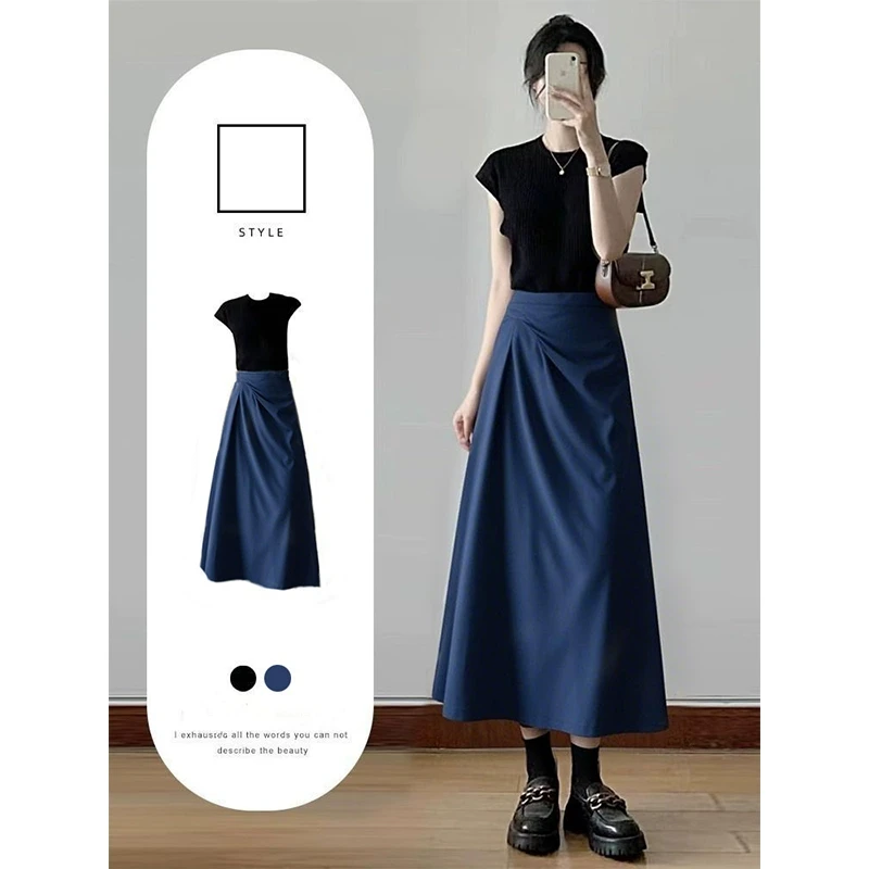 藏蓝色半身裙女夏不规则掐腰半裙a字长裙子2025初夏梨形穿搭套装