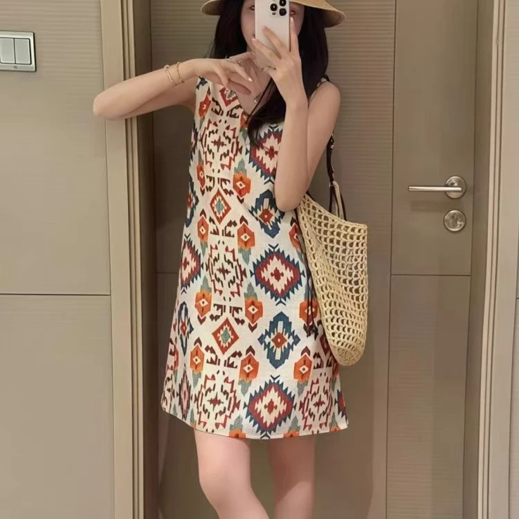 欧货民族风无袖碎花连衣裙2025夏季海边度假风显瘦洋气背心裙女