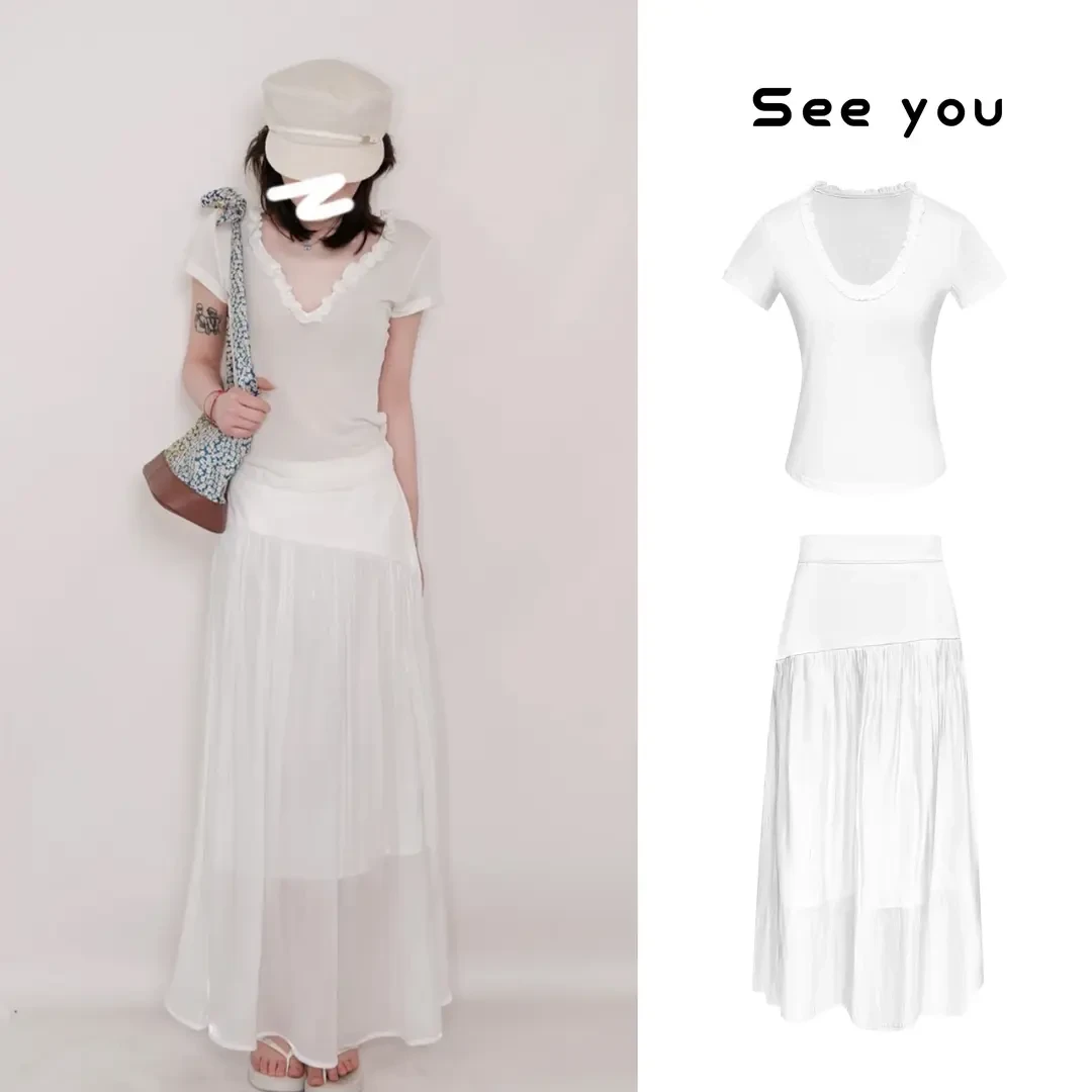 木耳花边V领上衣女2025新款正肩短袖修身显瘦T恤 a809