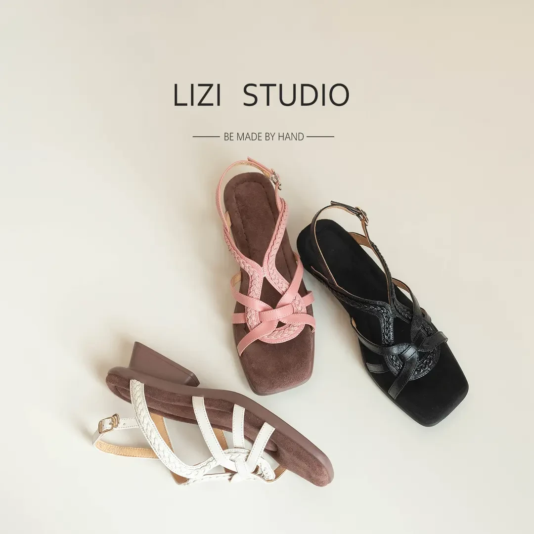 【栗子】5cm编织交叉带罗马鞋纯色凉鞋露趾编织罗马凉鞋