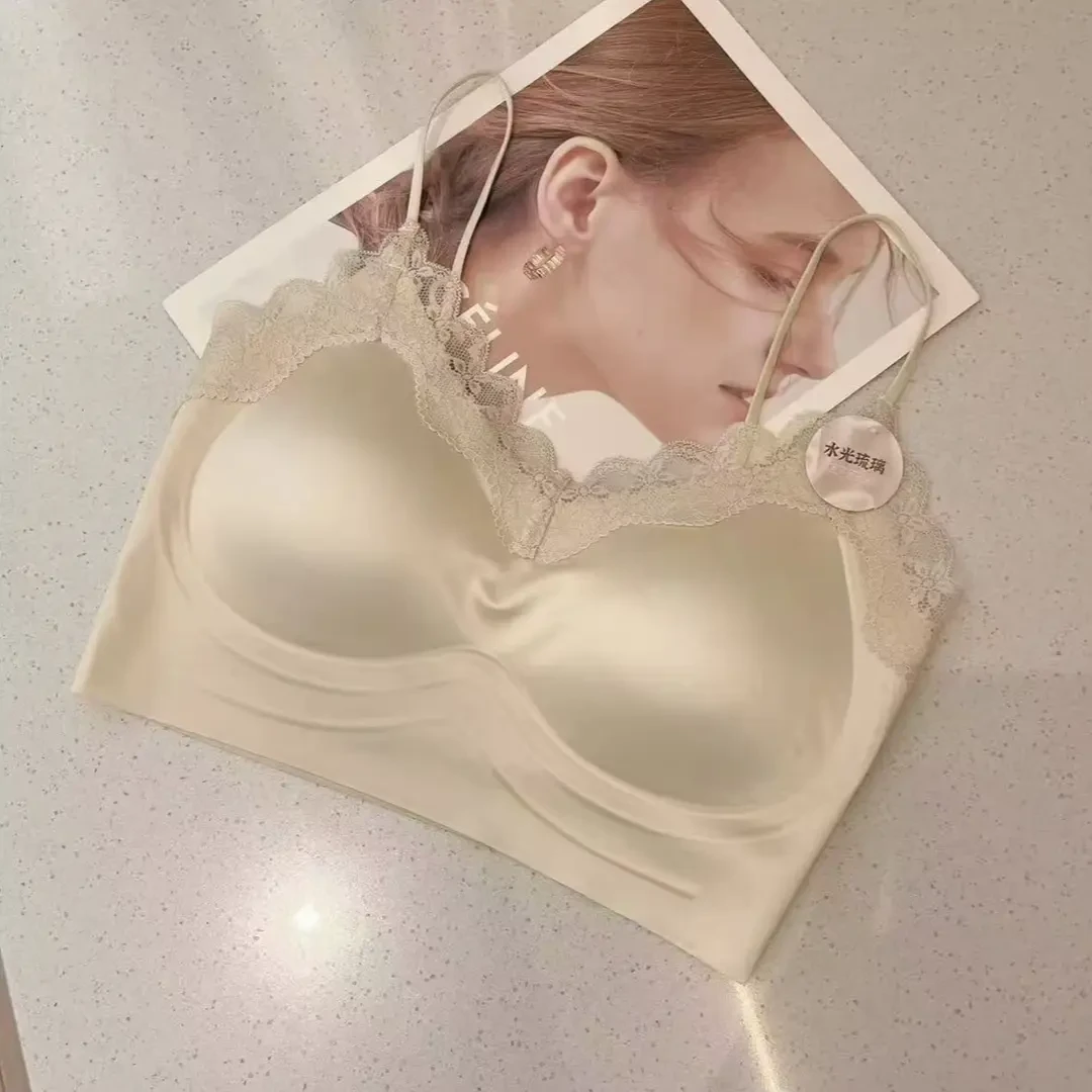 森色系水光果冻条软支撑缎面露背法式蕾丝带胸垫一体裹胸美背内衣