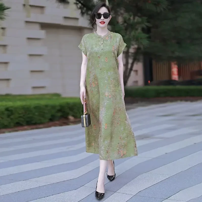 H夏季经典原创设计重磅大码200斤时尚气质妈妈连衣裙宽松遮肉长裙