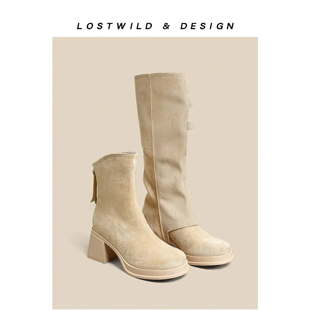 两穿可拆卸绒面长筒靴女2025秋冬新款厚底堆堆靴复古裤管靴短靴子