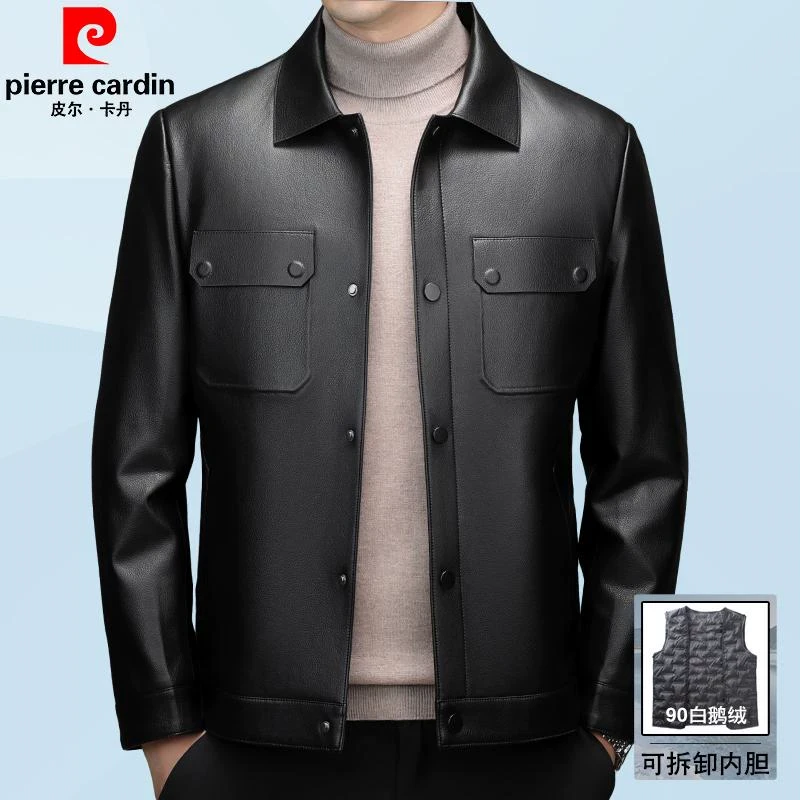 皮尔卡丹真皮皮衣男外套绵羊皮翻领中年爸爸装鹅绒商务休闲皮夹克