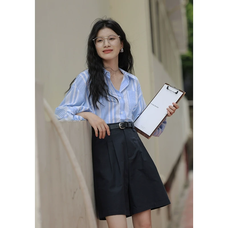 【1.20清清】觅定韩系条纹衬衫学院风设计感小清新衬衣DS9595
