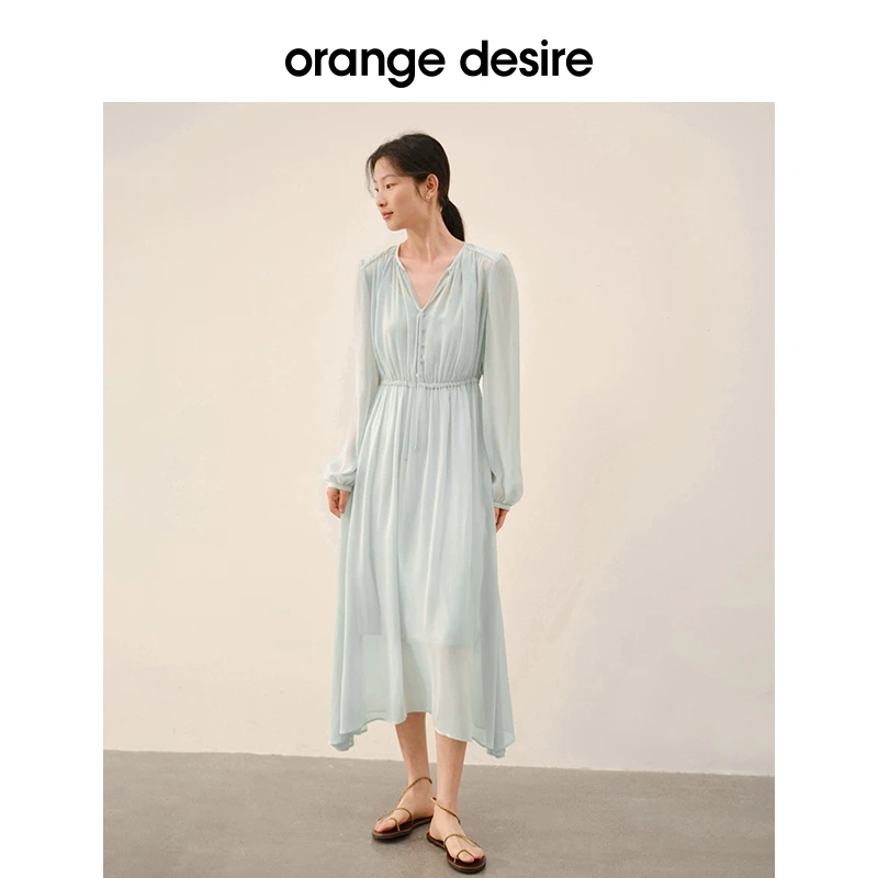 【超姐专属】温柔气质纯色百搭收腰连衣裙女春款显瘦长裙OD2DSL0054