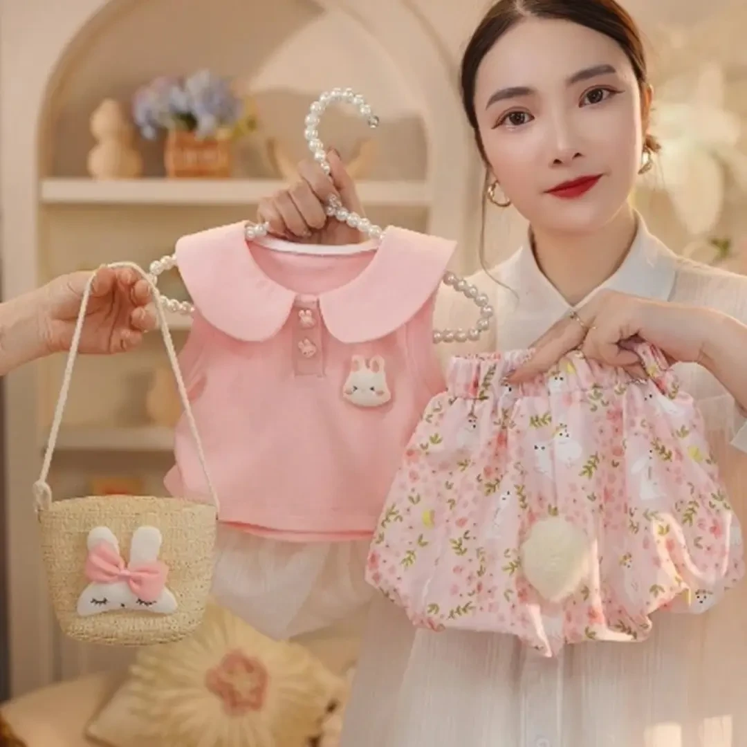 现货女童2025年夏季新款女小童可爱娃娃领粉色小兔碎花花苞裤套装