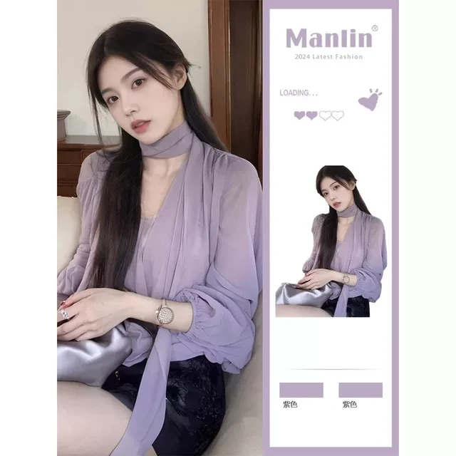 紫色衬衫女2025早春新款薄纱外穿别致独特漂亮法式绝美雪纺小上衣