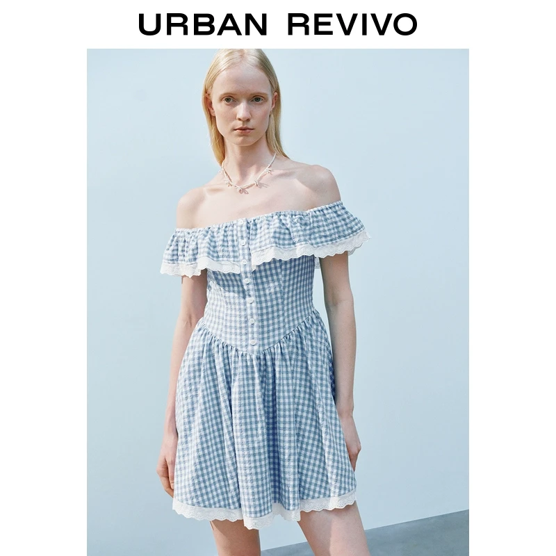 UR2025夏季新款女装格纹拼接蕾丝一字领蓝色连衣裙UYL750043
