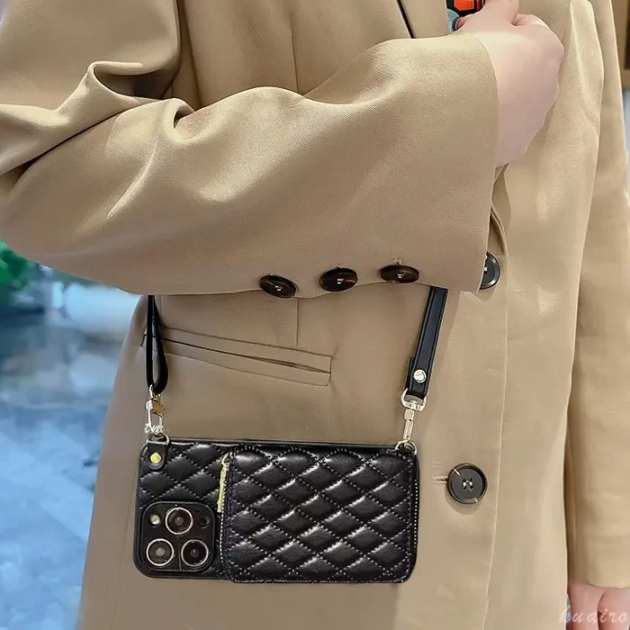 小香风菱格零钱卡包适用iPhone16手机壳苹果15/14/13promax拉链12