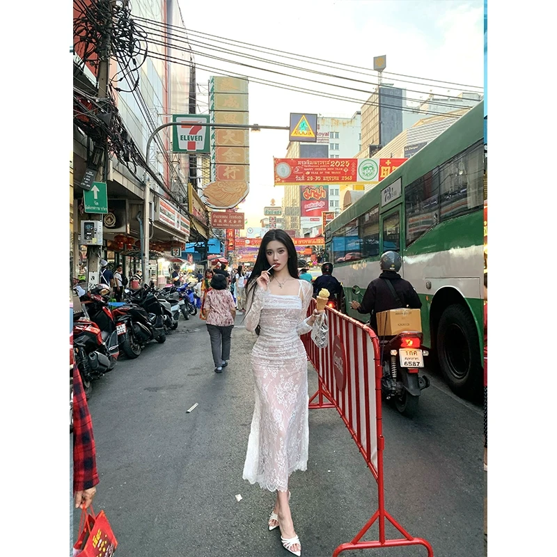 法式名媛御姐高级感蕾丝修身吊带抹胸长款礼服裙搭长袖罩衫两件套