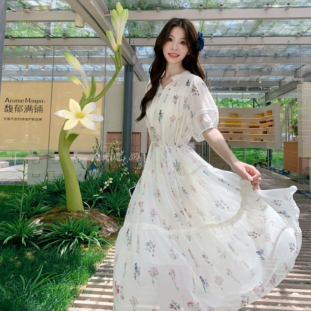 Next Kiss实拍森系宽松碎花连衣裙女2025夏季新款中长款a字裙潮