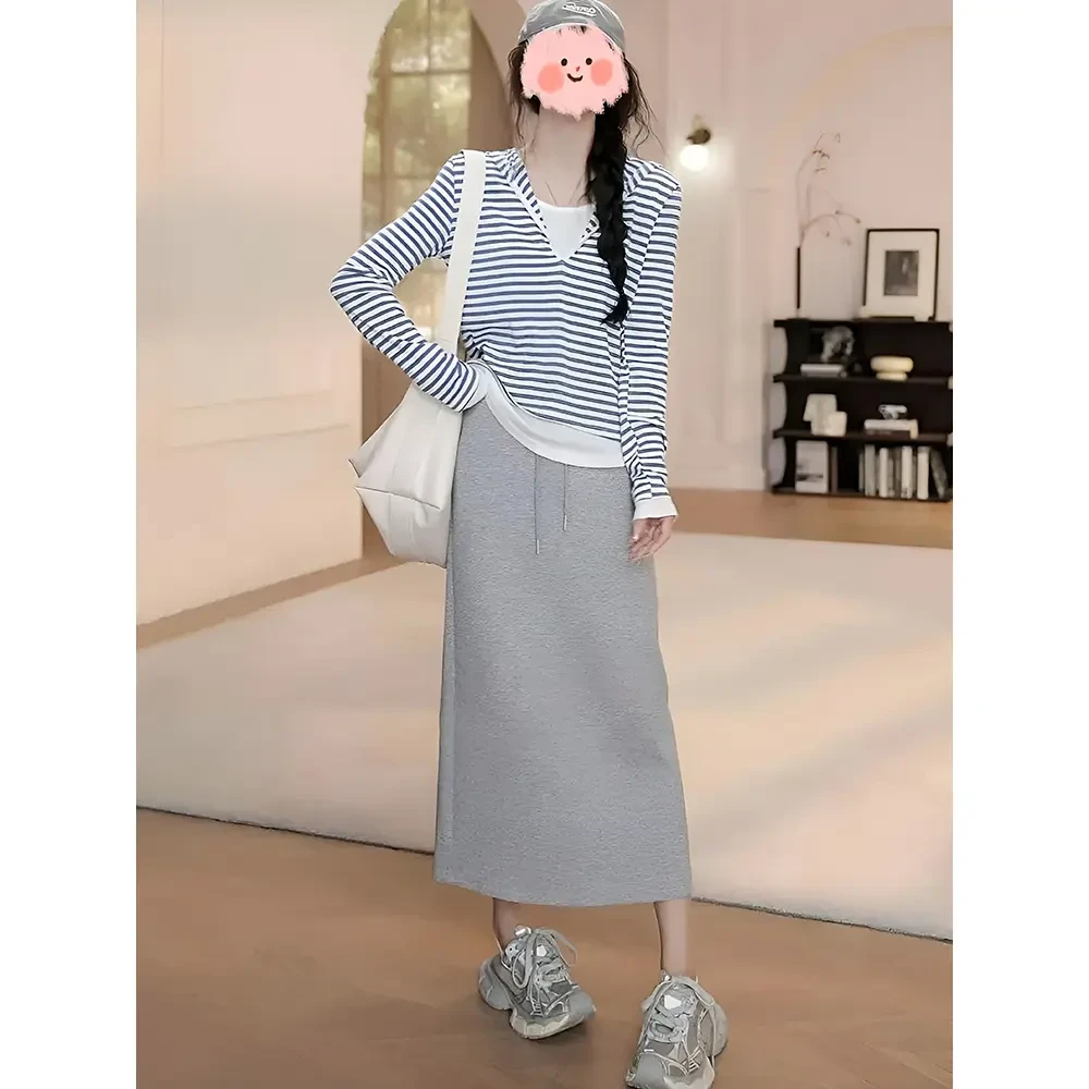 【早秋穿搭】秋季搭配一整套假两件条纹T恤上衣半身裙休闲两件套装