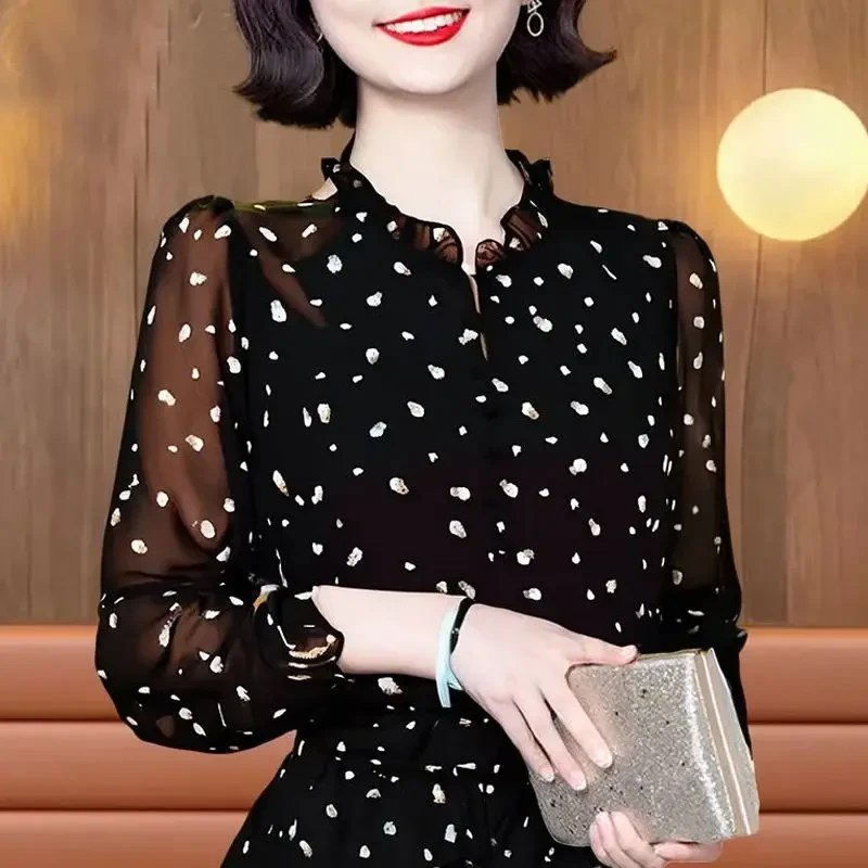高档琉璃丝法式印花波点衬衫女新款气质百搭宽松洋气小衫轻薄上衣