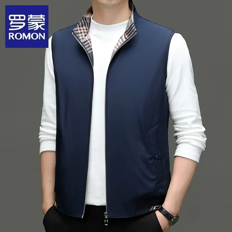 罗蒙男士背心春秋季新款立领商务马甲休闲薄款纯色无袖坎肩上衣潮