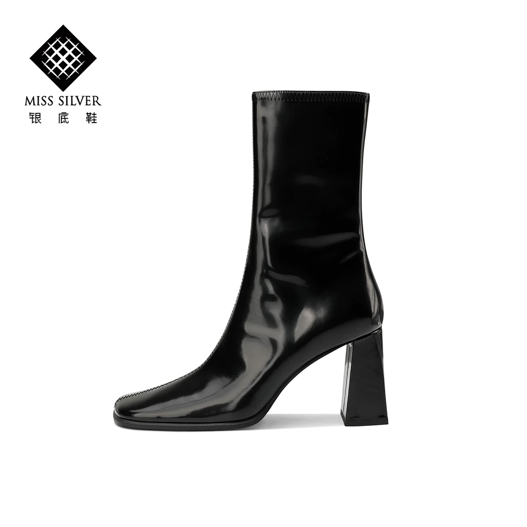 MISSSILVER黑色高跟骑士靴女秋季新款方头粗跟单靴漆皮时装中筒靴