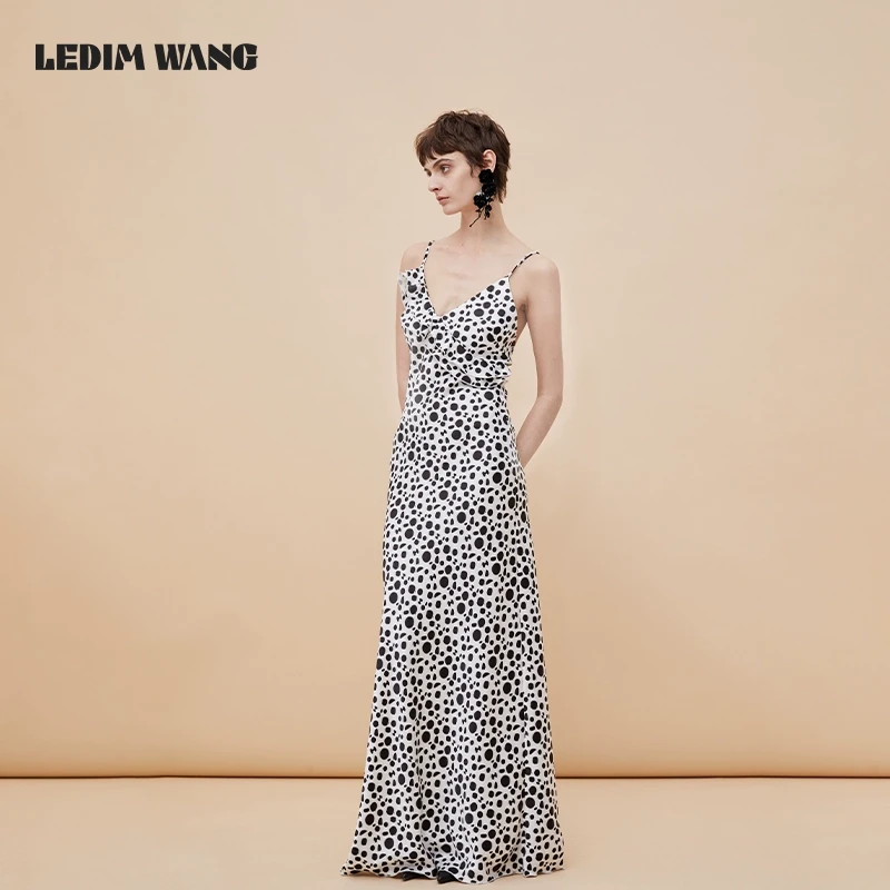 LEDIM WANG复古荷叶边印花连衣裙女收腰显瘦长裙气质V领吊带裙