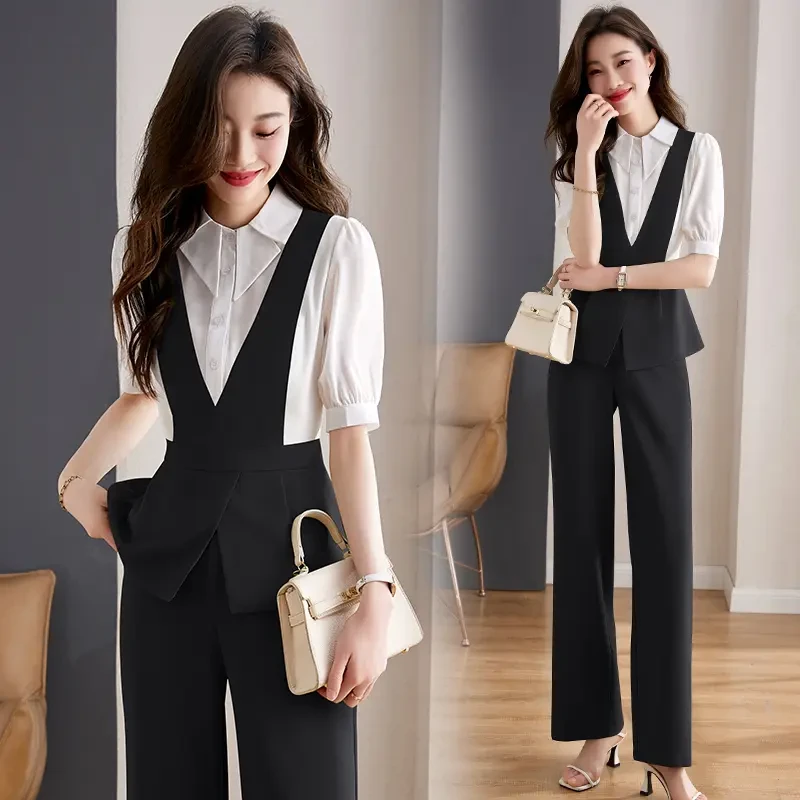 休闲衬衫套装女2025年夏季新款高级感女神范职业减龄直筒裤两件套