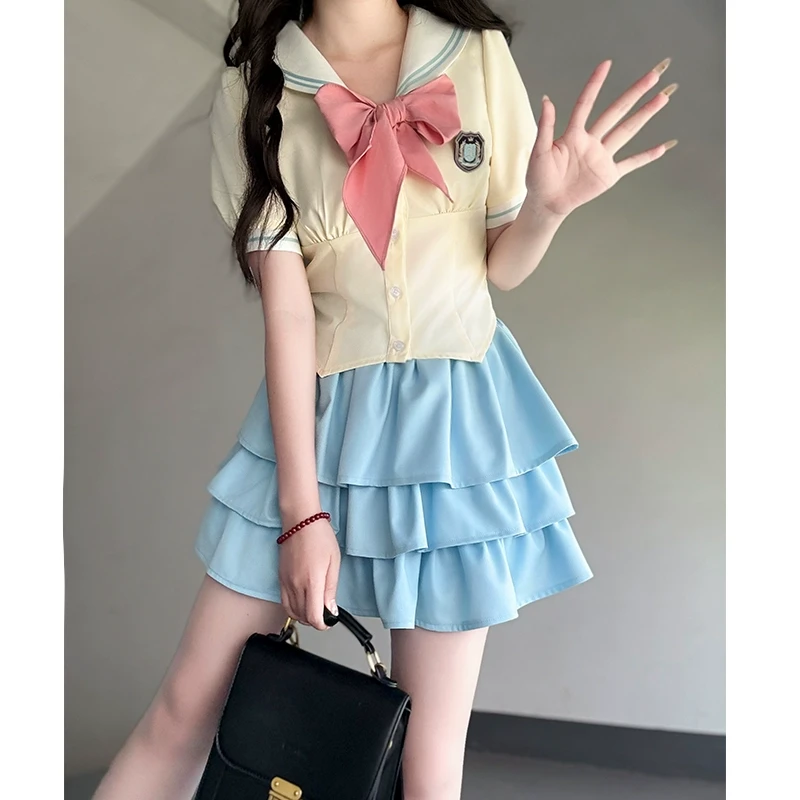 布丁熊原创jk制服一套黄色短袖衬衫水手服收腰显瘦套装