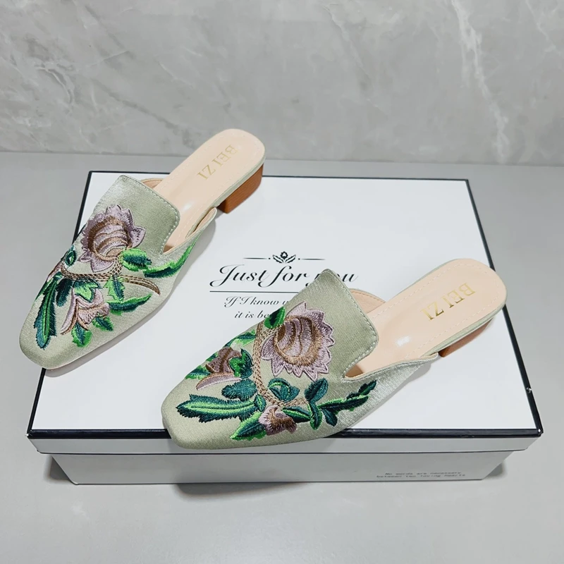 包头半拖鞋女夏外穿绣花粗跟旗袍鞋国风新中式穆勒鞋低跟气质凉拖