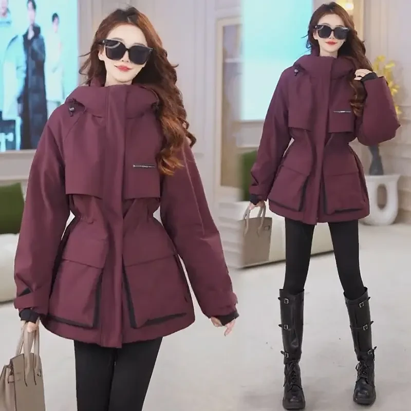 韩版常规款工装外套女冬季2025新款收腰保暖加厚夹棉连帽冲锋棉服