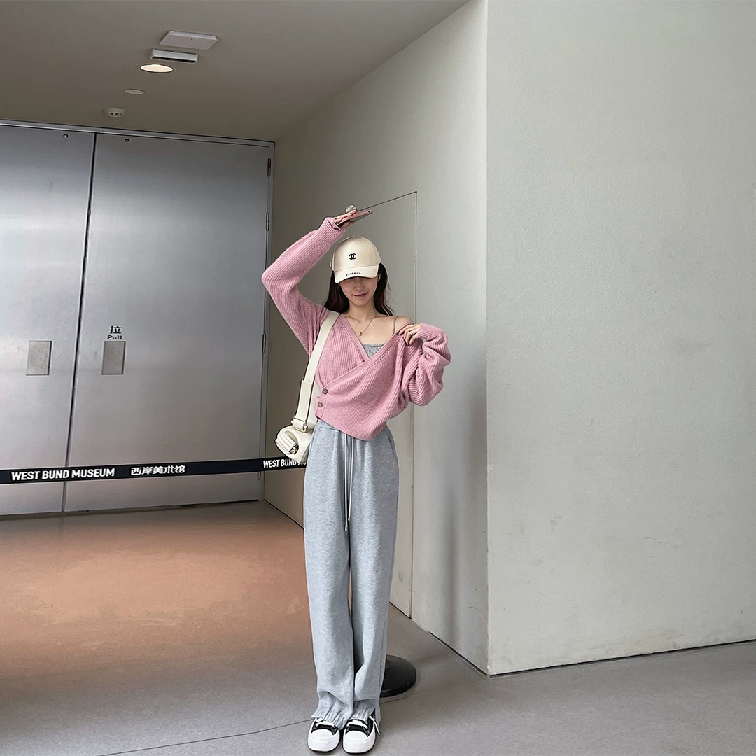 ACHI大也池灰色针织宽松运动裤女松紧抽绳高腰休闲裤秋加绒棉裤子