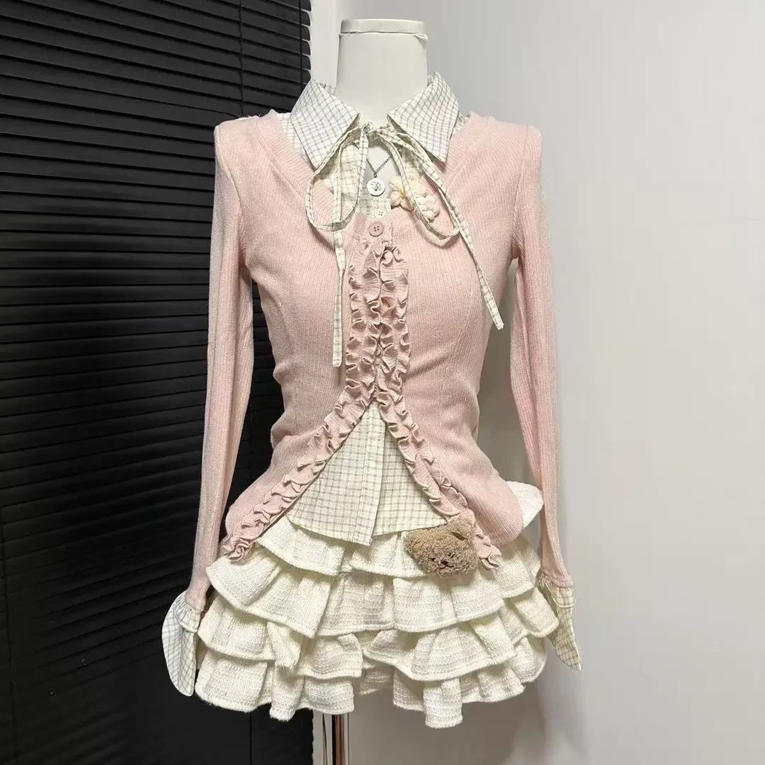 学院风复古拼接镂空系带长袖开衫人棉混纺假两件套秋装