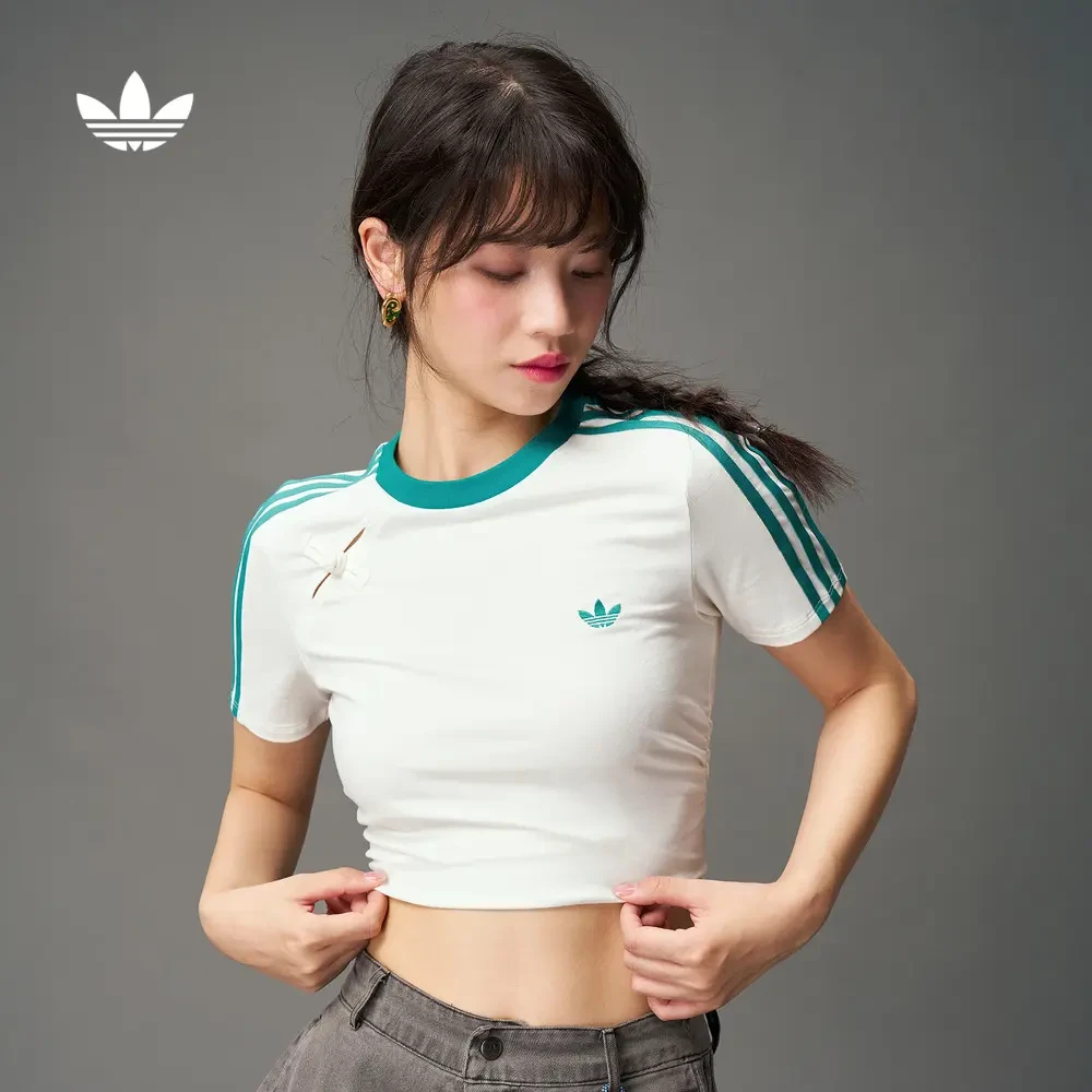 adidas/阿迪达斯正品三叶草女士2025新款露脐针织短款透气短袖