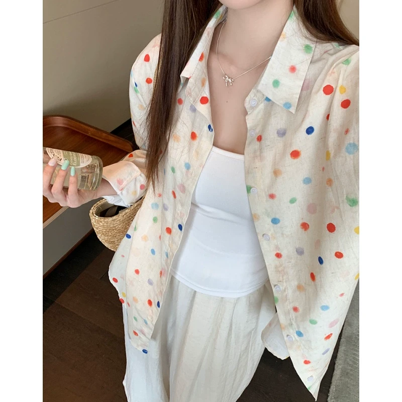 【韩11】复古彩色波点翻领衬衫女2025新款减龄百搭轻薄显瘦防晒上衣