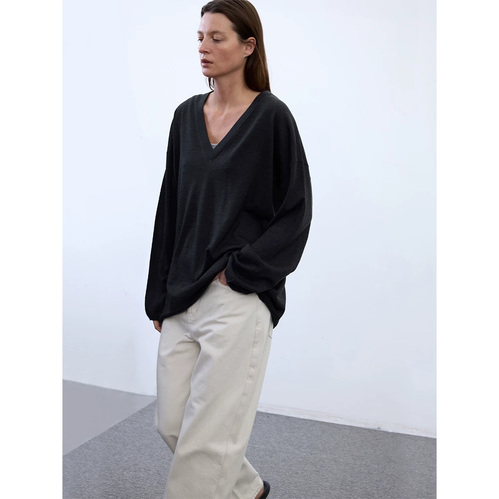 RandomPiece25春新品可机洗进口羊毛混纺发热纤维大V领宽松羊毛衫