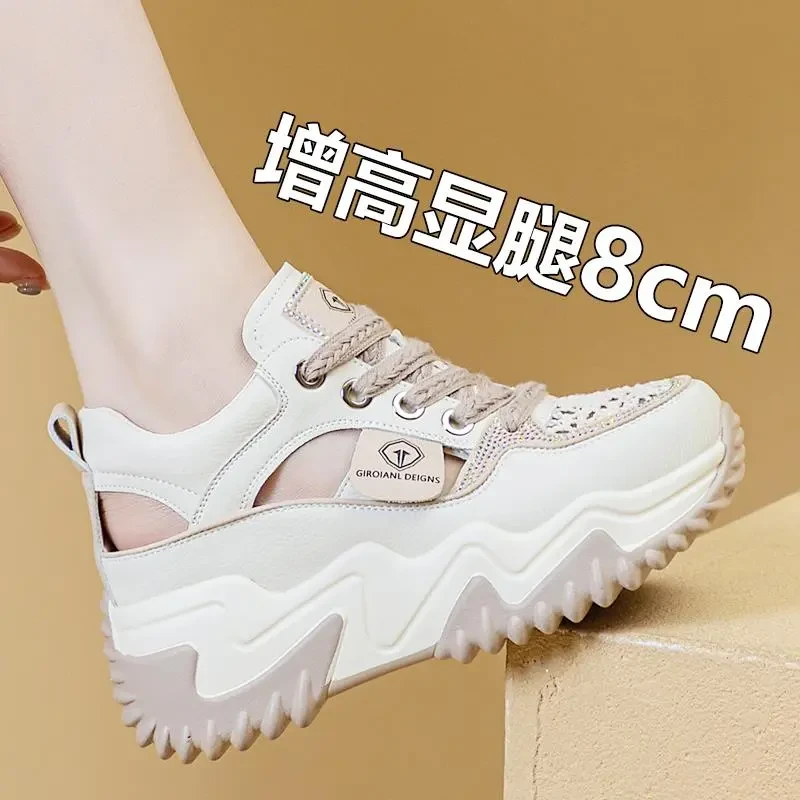 万达撤柜头层牛皮2025年夏季厚底内增高镂空老爹透气百搭时尚凉鞋