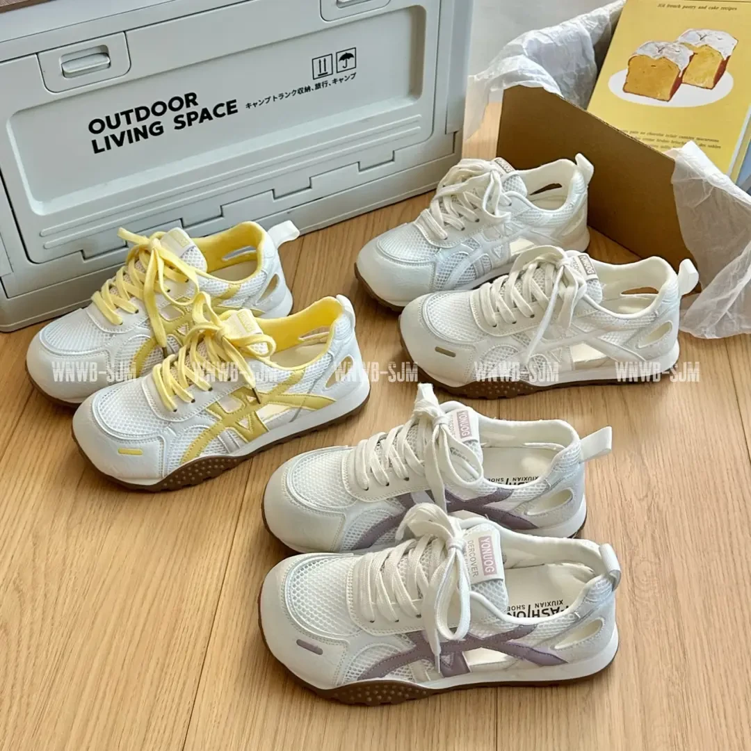 2025新款厚底薄款拼色镂空德训鞋女舒适显脚小女士增高透气阿甘鞋