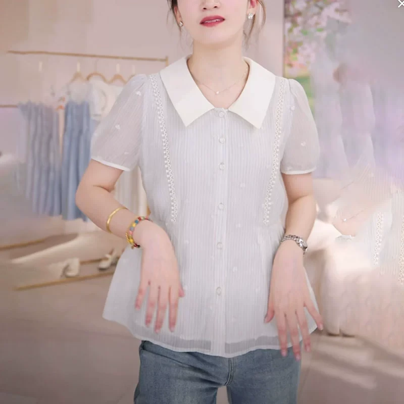 蕾丝花边衬衫女士夏季2025洋气减龄收腰显瘦设计感娃娃领短袖上衣