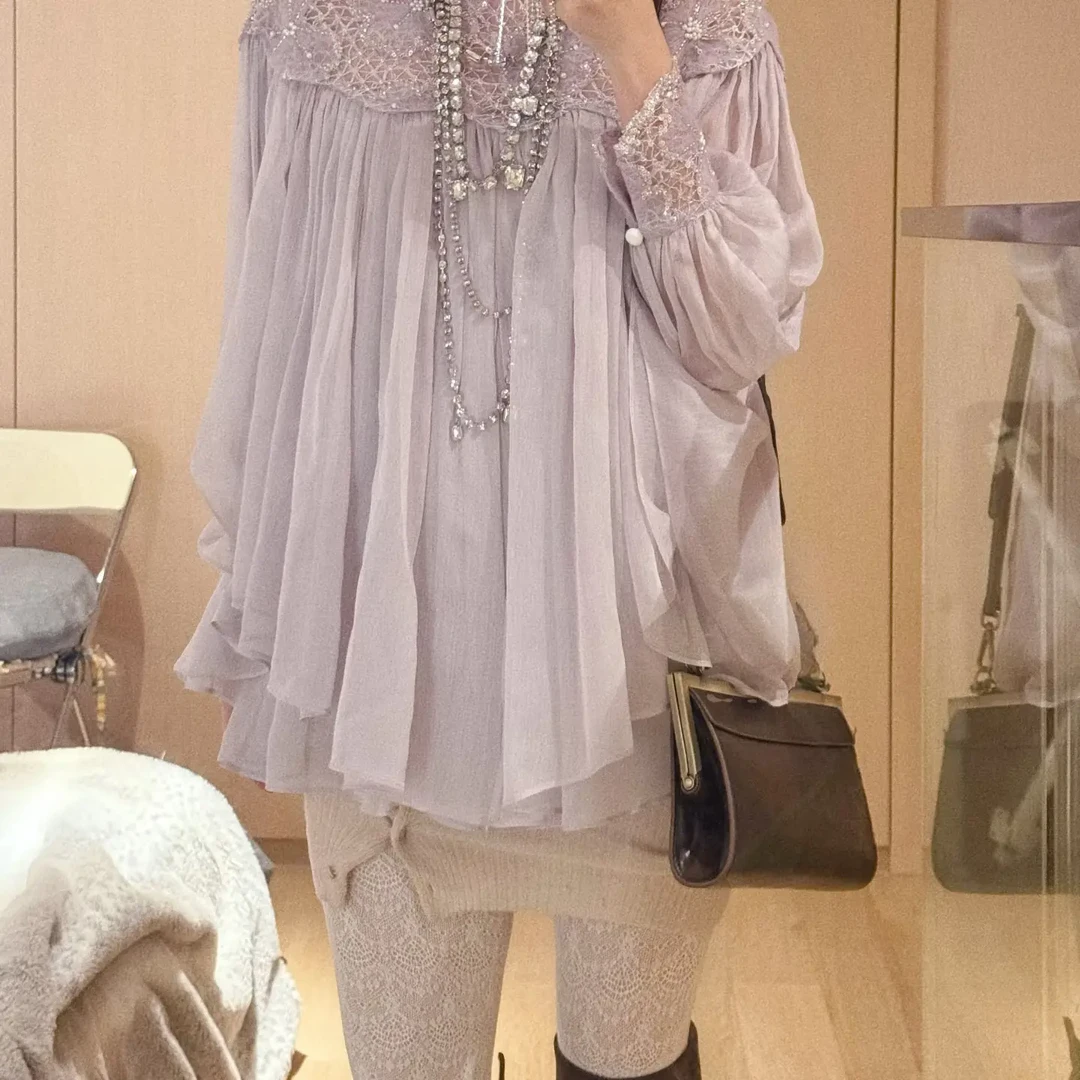 LaMiaEta福利系列立体剪裁水晶钻刺绣蝙蝠袖大摆长款上衣